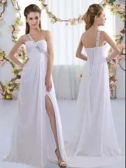 White Empire One Shoulder Sleeveless Chiffon Brush Train Lace Up Beading Bridesmaid Gown