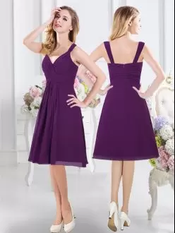 Purple Chiffon Zipper Bridesmaid Dresses Sleeveless Knee Length Ruching