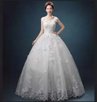 Stunning White Cap Sleeves Beading and Appliques and Hand Made Flower Floor Length Bridal Gown