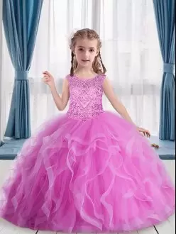 Floor Length Lilac Pageant Dress for Teens Tulle Sleeveless Beading and Ruffles