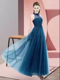 Sumptuous Beading and Appliques Wedding Guest Dresses Blue Lace Up Sleeveless Floor Length