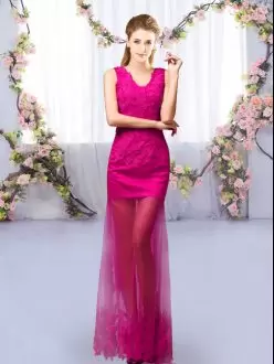 Tulle V-neck Sleeveless Lace Up Lace Bridesmaid Dresses in Fuchsia