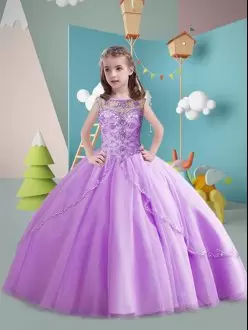 Lace Up Girls Pageant Dresses Lavender for Party and Wedding Party with Beading Brush Train