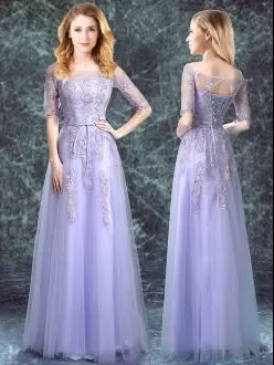 Half Sleeves Tulle Floor Length Lace Up Bridesmaids Dress in Lavender with Appliques
