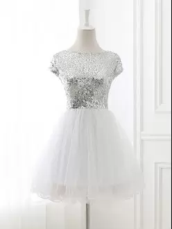 White Scoop Silver Sequins Short Wedding Bridesmaid Dress with Cap Sleeves
