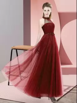 Vintage Halter Top Sleeveless Bridesmaid Dress Floor Length Beading and Appliques Wine Red Tulle