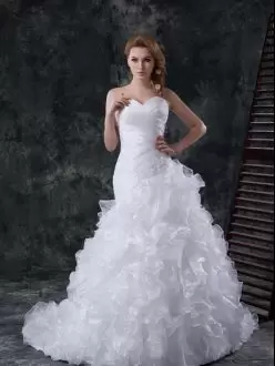 Flare White Sleeveless Brush Train Beading and Appliques and Ruffles With Train Wedding Gown