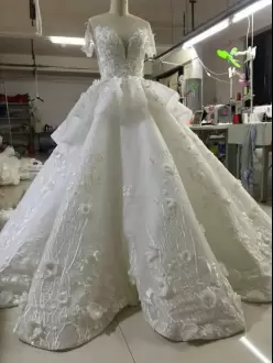 V-neck Short Sleeves Organza Wedding Gown Appliques and Hand Made Flower Cathedral Train Zipper