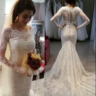 Informal Long Sleeves Lace Mermaid Zipper Buttons Down Wedding Dress with Train