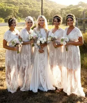 Edgy Lace Bridesmaids Dress White Zipper Short Sleeves Floor Length