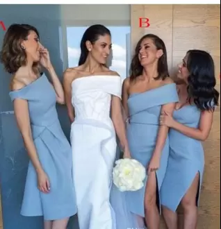 Fantastic Blue Off The Shoulder Ruching Bridesmaid Gown Satin Sleeveless