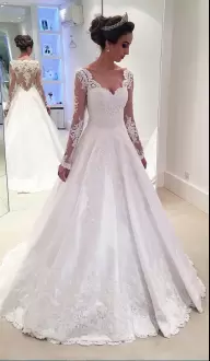 Modest V-neck Long Sleeves Bridal Gown With Court Train Lace See Through Back