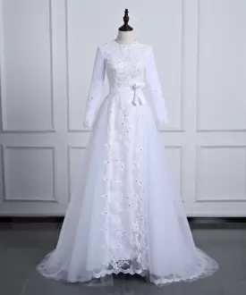 White Zipper Wedding Gowns Lace and Appliques Long Sleeves Floor Length