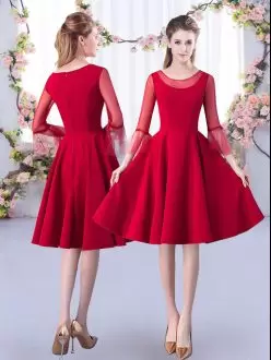 Red Satin Zipper Quinceanera Dama Dress 3 4 Length Sleeve Knee Length Ruching