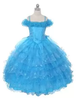 Super Off The Shoulder Sleeveless Child Pageant Dress Floor Length Ruffles and Ruffled Layers Baby Blue Organza