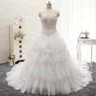 Best Selling Sleeveless Tulle Chapel Train Lace Up Wedding Gowns in White with Beading and Appliques