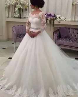 Best Tulle Long Sleeves With Train Wedding Gown Brush Train and Beading and Appliques