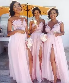 Bateau Short Sleeves Dama Dress Floor Length Appliques Pink Chiffon