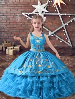 Sleeveless Satin and Organza Floor Length Lace Up Little Girl Pageant Gowns in Baby Blue with Embroidery and Ruffled Layers