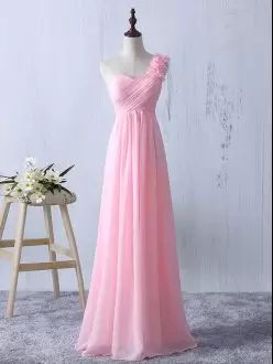 Baby Pink Empire One Shoulder Sleeveless Chiffon Floor Length Zipper Ruffles and Ruching Bridesmaid Dress