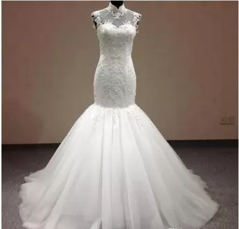 Luxury White High-neck Lace Up Lace and Appliques Wedding Dress Court Train Sleeveless