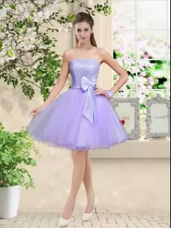 Glittering Lilac Organza Lace Up Off The Shoulder Sleeveless Knee Length Bridesmaids Dress Lace and Belt