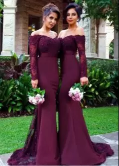 Great Burgundy Wedding Guest Dresses Party and Wedding Party with Lace and Appliques Strapless Long Sleeves Brush Train