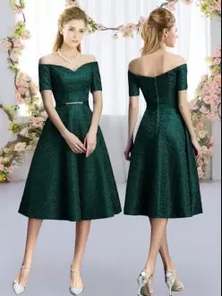 Traditional Dark Green Short Sleeves Belt Tea Length Bridesmaids Dress