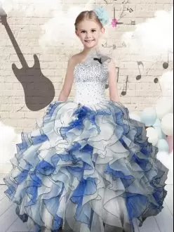 Blue And White Lace Up Little Girls Pageant Gowns Beading and Ruffles Sleeveless Floor Length