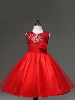 Red Scoop Neckline Sequins and Hand Made Flower Pageant Dress for Teens Sleeveless Zipper