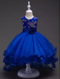 High Low Zipper Kids Formal Wear Royal Blue for Wedding Party with Appliques and Hand Made Flower