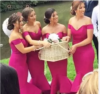 Satin Off The Shoulder Sleeveless Sweep Train Lace Up Ruching Bridesmaid Dresses in Red and Fuchsia