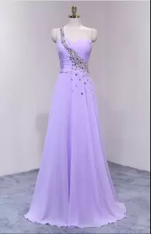 Lavender One Shoulder Zipper Beading Bridesmaid Dress Sweep Train Sleeveless