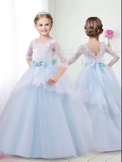 Light Blue Tulle Lace Up Scoop Half Sleeves With Train Flower Girl Dresses for Less Brush Train Lace and Bowknot