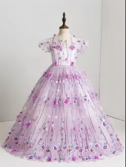 Beautiful Lilac Short Sleeves Floor Length Hand Made Flower Zipper Evening Gowns V-neck