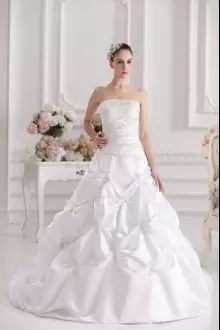 Beading and Ruching and Pick Ups Wedding Dresses White Zipper Sleeveless Brush Train
