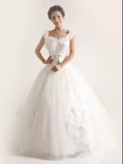 Modest White Ball Gowns Organza Scoop Sleeveless Lace and Appliques With Train Lace Up Wedding Gowns Brush Train