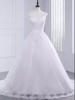 Modest White Wedding Gown High-neck Sleeveless Brush Train Zipper