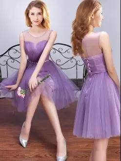 Lavender Tulle Lace Up Scoop Sleeveless Mini Length Dama Dress for Quinceanera Beading and Ruching and Belt