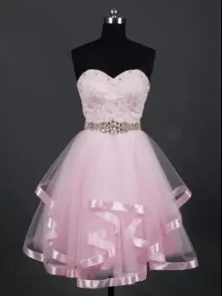 Sweetheart Sleeveless Quinceanera Court of Honor Dress Mini Length Beading and Lace and Ruffles Baby Pink Tulle
