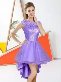 Lavender A-line Beading and Lace Wedding Guest Dresses Backless Organza Sleeveless High Low
