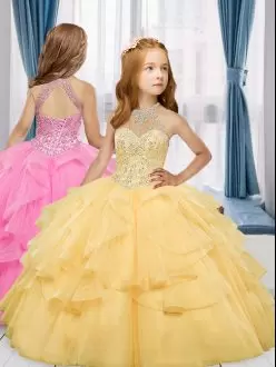 Floor Length Gold Little Girl Pageant Gowns High-neck Sleeveless Lace Up