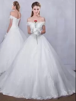 White Sleeveless Court Train Lace With Train Wedding Dress