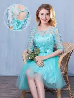Attractive Scoop Half Sleeves Lace Up Bridesmaid Dress Aqua Blue Tulle Lace and Appliques and Bowknot