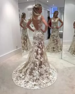 V-neck Sleeveless Wedding Dress Floor Length Beading and Lace White Satin