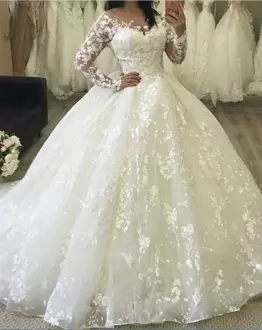 Long Sleeves Scoop Sweep Train Lace Lace Up Wedding Gown