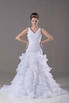 Fashion Sleeveless V-neck Brush Train Lace Up Ruffled Layers Bridal Gown V-neck