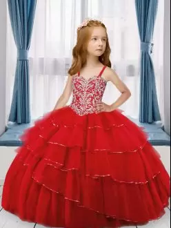 Dazzling Floor Length Red Pageant Gowns For Girls Spaghetti Straps Sleeveless Lace Up