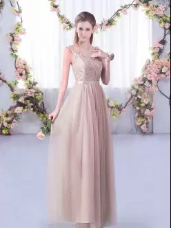 Delicate Pink Side Zipper Bridesmaid Dress Lace and Belt Sleeveless Floor Length