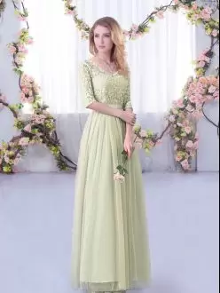 High Class Tulle V-neck Half Sleeves Side Zipper Lace and Belt Bridesmaid Dress in Yellow Green